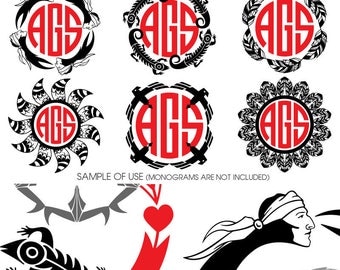 9 Native American Monogram Frames Vector Digital Cut Files Svg Dfx Eps Png Silhouette Cricut Digital Download Vinyl Die Cutting JB-733