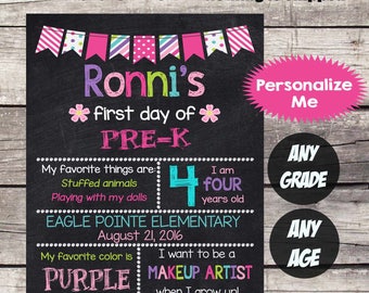 First Day of PRE-K Sign PRESCHOOL School Sign First Day of School Chalkboard Printable Personalized Back to School Sign ANY Grade Any Age #3