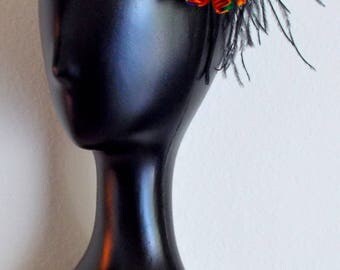 African Wax Print Orange Blue Fascinator Hat With Black Feathers