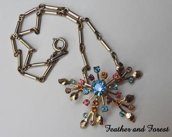 Vintage Multi Colored Pastel Rhinestone Necklace Pastel Rhinestone necklace Vintage Rhinestone Floral Necklace