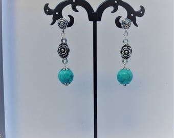 Flowers and turquoise howlite beads earrings