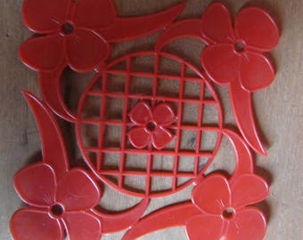 Red plastic, vintage 1950/60s floral placemats, set of 6