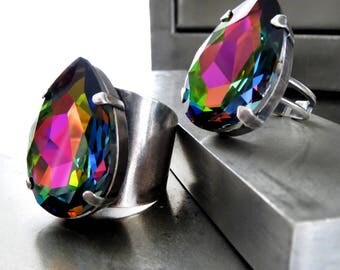 Large Teardrop Rainbow Crystal Ring, Vitrail Swarovski Crystal Pear Shape Adjustable Cocktail Ring, Wide Cuff or Thin Band, Unisex Mens Ring
