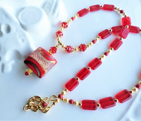 Red Gold Murano Glass Statement Necklace Red Glass Necklace