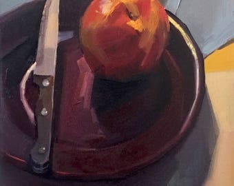 Art fruit painting "Knife and Nectarine" original oil on canvas by artist Sarah Sedwick 9x12"