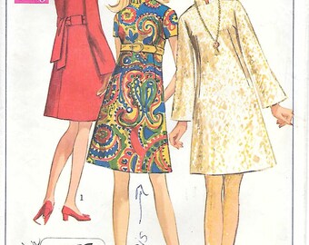 Simplicity 7897 1960s A Line Dress with Nehru Collar and Bell Sleeves Vintage Sewing Pattern Bust 36