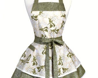 Womens Ruffled Retro Apron - Ivory Olive Green Hydrangea Floral Vintage Style Pinup Kitchen Apron to Personalize or Monogram (DP)