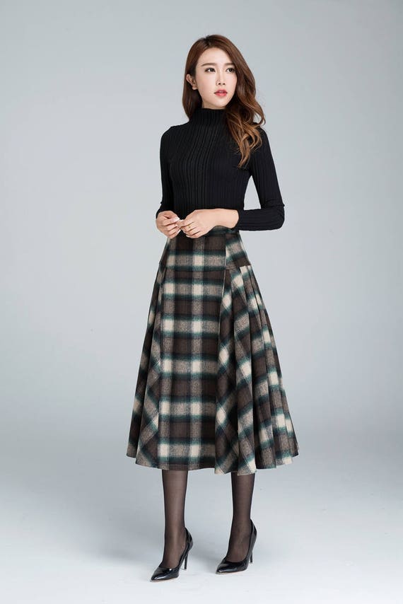 Plaid skirt long skirt wool skirt plus size skirt pleated