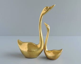 Vintage Brass Swan Figurine Set of Two 2, Waterfowl Bird Statuettes, Home Decor