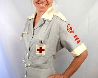 Vintage 1950s 50s 60s Red Cross Candy Striper Nurse's Uniform