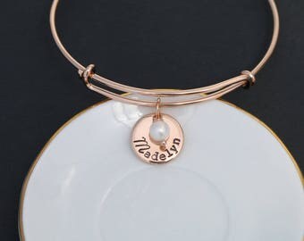 SALE • Rose Gold Bangle Bracelet • Name Custom Stamped Rose Gold Name • Charm Bracelet•Rose Gold Wedding Gift Bridesmaid Name•Girls Bracelet