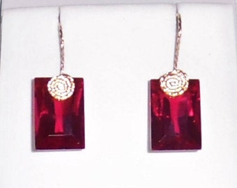 32 cts Natural Square Ruby Red Topaz gemstones, 14kt yellow gold Pierced Earrings