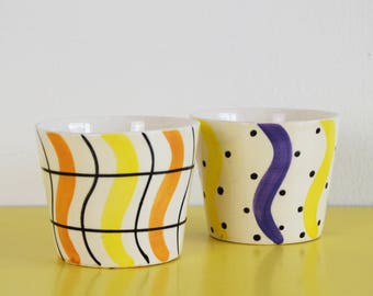 Vintage Plant Pots, Retro Hand Painted Ceramic Planters, 80's Abstract Painted Plant Pots, Ceramic Orange Yellow and Blue Plant Pot Covers
