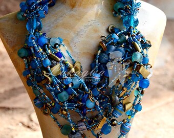 Blue Chunky African Beaded necklace,Blue Multi-stranded Masai Beaded Necklace,Statement African Wedding Jewelry