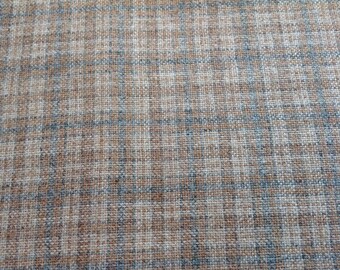 Vintage Wool Fabric, Wool Blend Fabric, 70's Plaid Fabric, Beige Blue Plaid Fabric