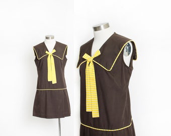 Vintage 1960s Romper - Brown Cotton Sailor Mod Skort Playsuit - Large