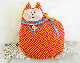 Cat Pillow Doll Cloth Doll 7 inch RED and YELLOW Check Primitive Soft Sculpture Handmade CharlotteStyle Decorative Folk Art