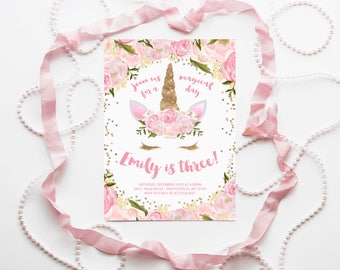 Gold Unicorn Invite- Floral Unicorn,Unicorn Face Invite, Unicorn birthday, Unicorn flowers, unicorn theme, unicorn invite,unicorn invitation