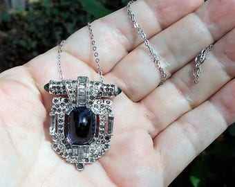 Rhinestone Dress Clip 1930's Art Deco Blue & Emerald Green Silver Plated Dress or FUR CLIP, 44.90. Pendant., Sterling Fine Chain Available