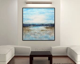 Landscape painting original large painting 36x36 square abstract oil painting ocean blue seascape modern art by L.Beiboer