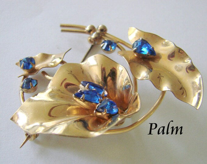 1940s Floral Designer Signed "Palm" Sapphire Rhinestone Gold Filled Brooch / Retro / Vintage Jewelry / Jewellery