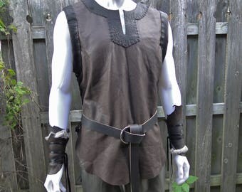 Leather Viking Tunic, Medieval Leather Shirt, Lace Up Sides, Sleeveless - Men's L