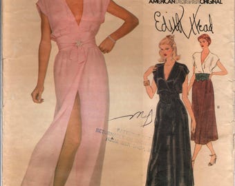 1970's Vogue American Designer Evening Dress or Day Dress with deep V neck and Obi belt pattern - Edith Head - Bust 32.5" - No. 2040