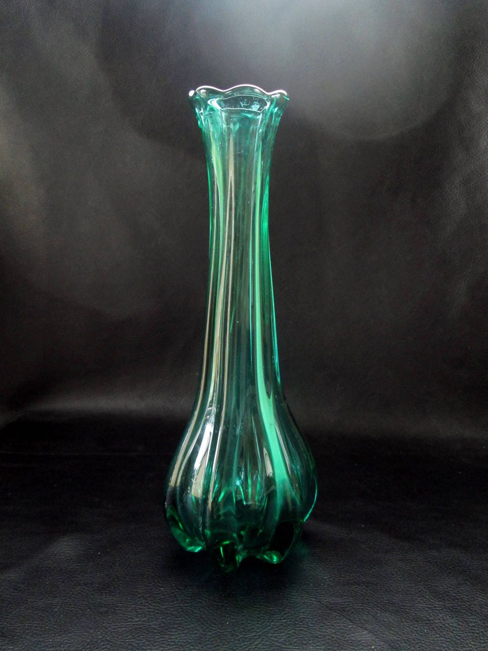 Green glass vase vintage small sleek single flower vase
