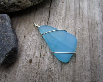 Turquoise Blue Beach Glass Pendant - Sterling Silver Wrapped