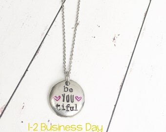 beYOUtiful Necklace - Pewter Pebble Necklace - Inspirational Necklace - Motivational Necklace - Be You - Beautiful - Hand Stamped Necklace