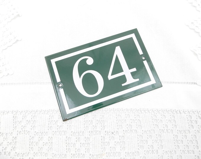 Large Unused Vintage French Enamel House Number 64 in Green and White, New Old Stock Enamelware Street Sign, Old Address Plaque