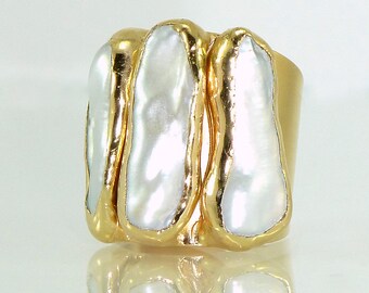Pearl Ring Gold, Statement Ring, Pearl Gold Ring, Gemstone Ring, Pearl, June Birthstone, Large Pearl Ring, Adjustable Stone Ring,Unique Gift