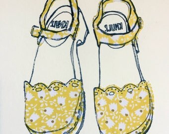 Yellow hand screen print of Swedish shoes/clogs hand drawn collaged 8x6 gift
