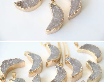 Druzy moon necklace, Moon crystal necklace, Quartz necklace, Raw crystal necklace, Gold moon necklace, Dainty moon necklace, Crescent moon
