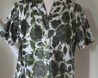 Vintage 1950s Metallic Blouse - Black,Green,White Floral shot through with Silver - Pleat detail to front shoulders - by Elyacht - Size 34