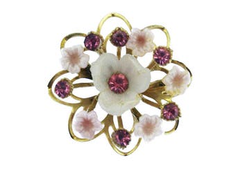 Vintage Pink Flower Brooch, Pink Rhinestone Flower Brooch, Pink and Gold Flower Pin, Gold Flower Pin