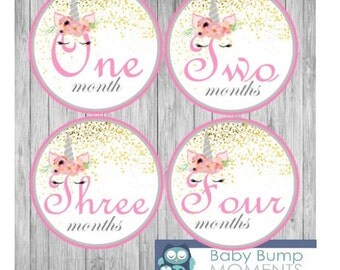 Baby Girl Month Stickers, Watch Me Grow, Unicorn Month Stickers, Baby Milestone Cards, Bodysuit Stickers, Unicorn Nursery, Pink Gold