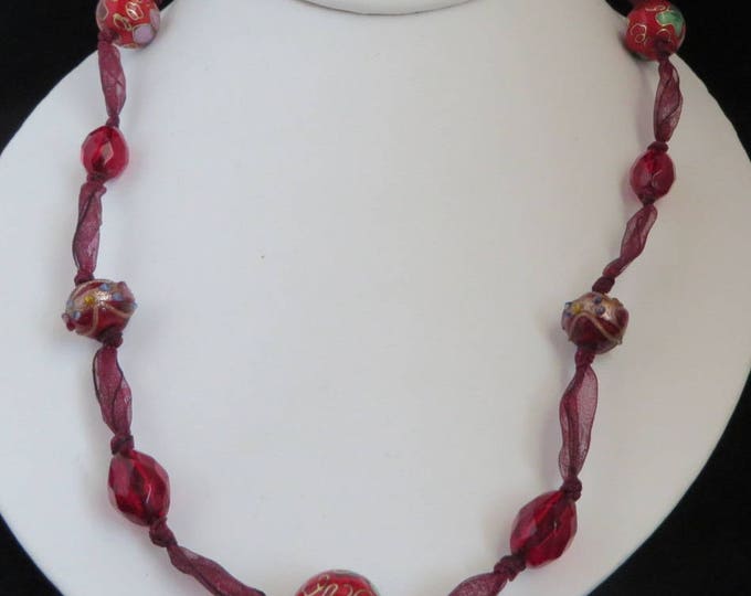 CHICO'S Ribbon Necklace, Red Bead, Cloisonne Necklace, Boho Jewelry, Gift for Her