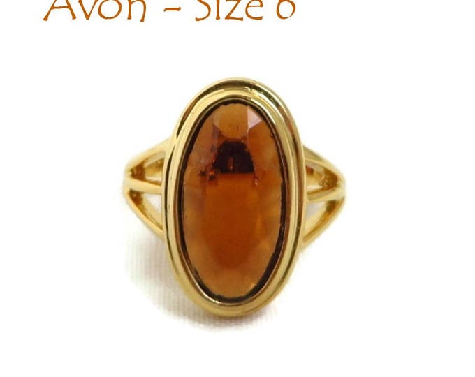 AVON Amber Glass Ring - Vintage 1970s Gold Tone Metal Oval Glass Ring, Size 6, Gift for Her, Gift Boxed