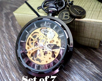 Wedding Pocket Watch Set of 7 Personalized Black Pocket Watches with Chains Clearance Groomsmen Best Man Usher Groom Ships to USA/Canada