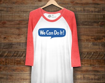 Unisex Feminist Long sleeve Shirt: Historical Rosie the Riveter "We Can Do It" baseball tee from Fourth Wave Feminist Apparel
