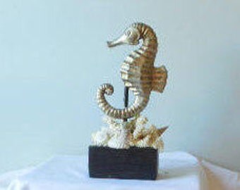 Stunning SeaShell Seahorse- Coastal Beach Decor-SeaHorse Statue-Seashell Art-Coastal Art-Shell Sculpture-Seashells-Silver And Gold