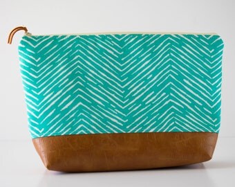 Large Makeup Bag, Wet Bag, Diaper Clutch, Tolietry Bag, Large Zipper Pouch, Blue Herringbone Fabric