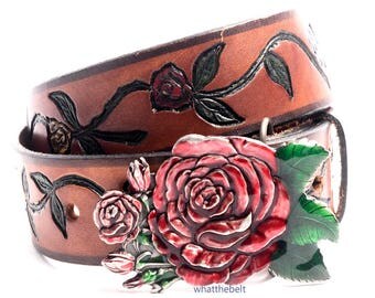 Vintage Belt Brown Leather Tooled with Rose Flower Buckle SiSki