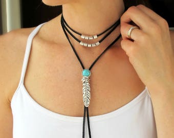 Festival Necklace-Leather Choker-Layered Choker Necklace-Leather Necklace-Turquoise Choker Necklace-Festival Jewelry-Boho Choker Necklace