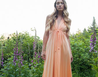 60s 70s Maxi Dress, Shimmery Peach Summer Dress, Empire Waist Sleeveless Evening Gown, Bridesmaid Dress, Deep V Formal Prom Dress, SMALL