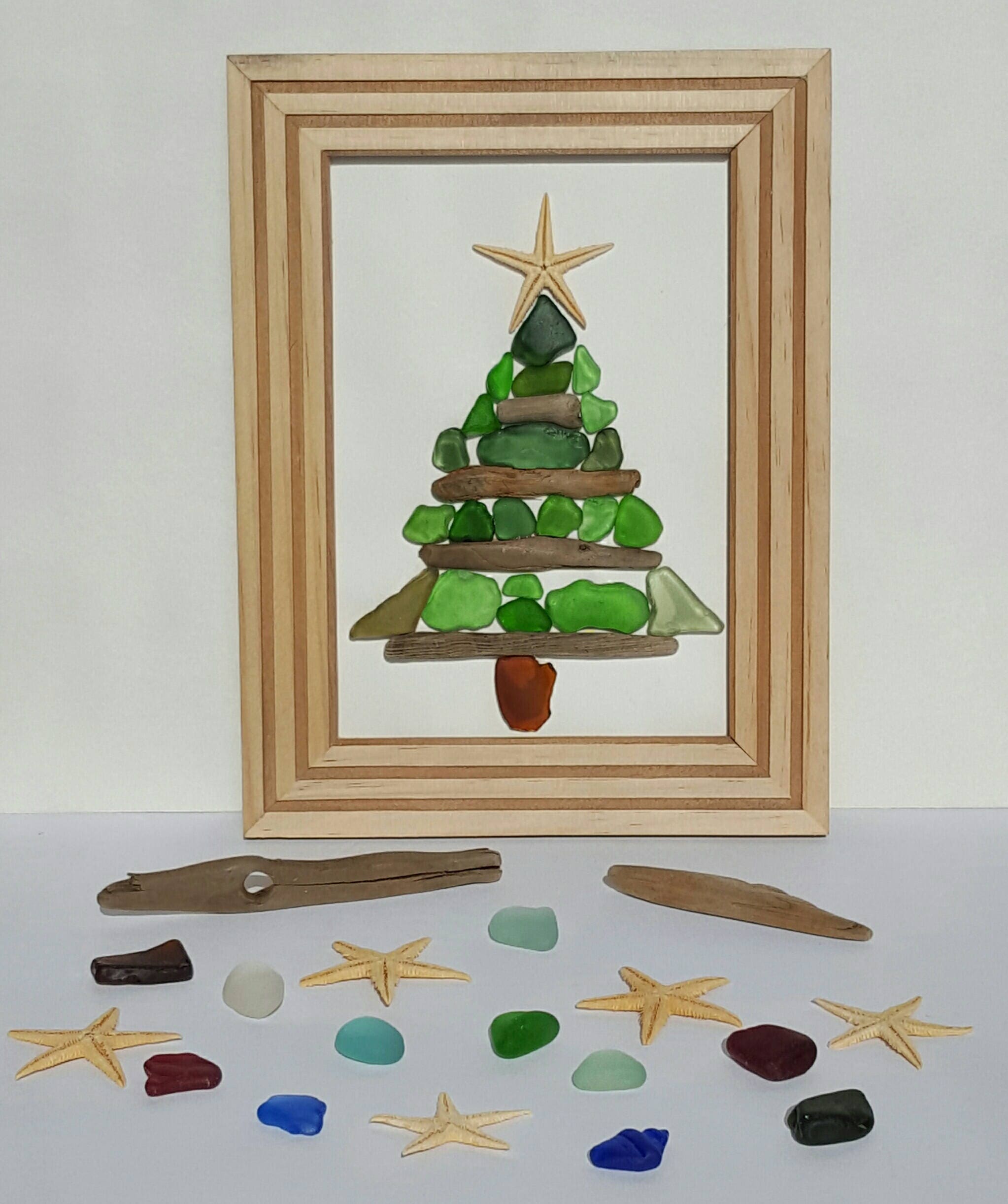 Christmas Tree Art Sea Glass Decor Framed Art Christmas 9656