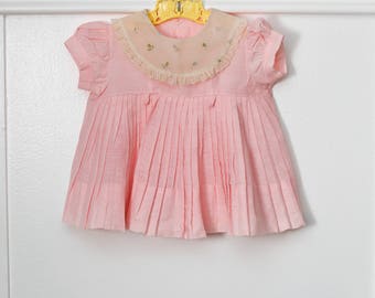 6 months: Pleated Pink Baby Dress with  Embroidered Nylon Collar