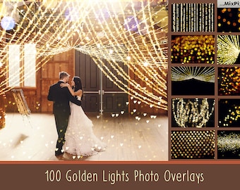 100 Golden lights Effect Photo Overlays, Gold Bokeh Photoshop Overlays, Bokeh Photo layer, sparkles effect, Wedding Overlay, Tree Lights