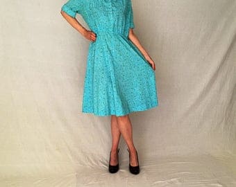Vintage 50s cotton dress/1950s dress/day 40s 1940s 50s dress women L/retro pin-up dress/rockabilly floral midi blue short sleeve fit flare